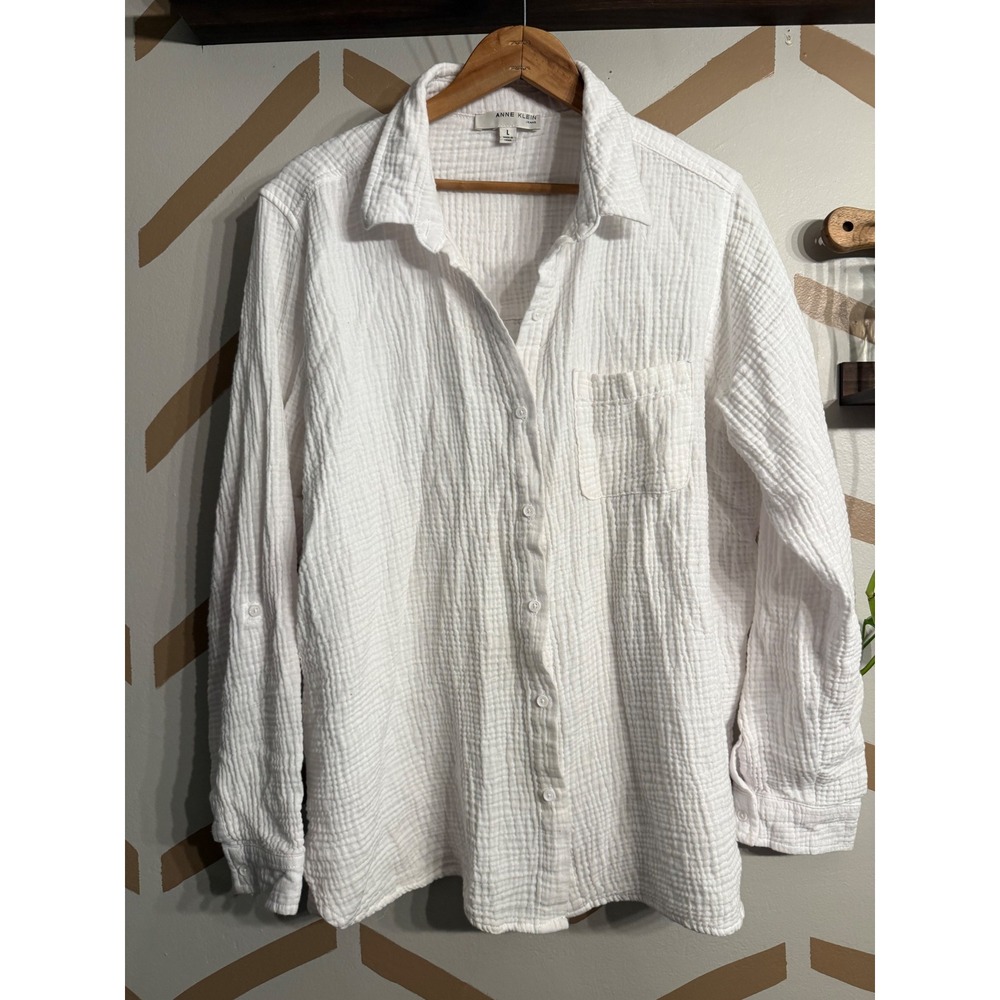 Anne Klein Button Up Womens Large White Gauze Roll Tab Sleeve Cotton Shirt